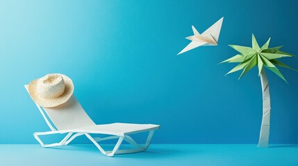 Origami beach scene with lounge chair, palm tree, and airplane on blue background for travel agency advertising concept