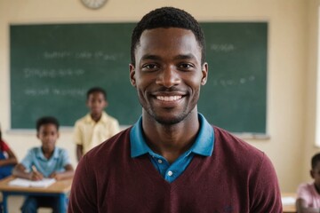 Close portrait of a smiling young Antiguan and Barbudan male elegant primary school teacher standing and looking at the camera, indoors almost empty classroom blurred background