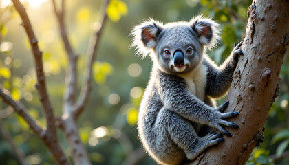 Obraz premium A playful koala ascends the branches of a eucalyptus tree, basking in the warm afternoon sunlight of an Australian forest