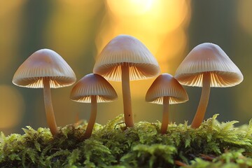 Fototapeta premium A cluster of delicate mushrooms with light brown caps and slender stems, set against a soft golden background of blurred forest lights, creating a serene and enchanting atmosphere.