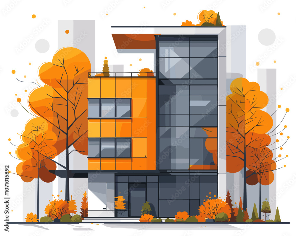 Poster tall building with a lot of windows and a balcony. the building is orange and has a lot of trees aro