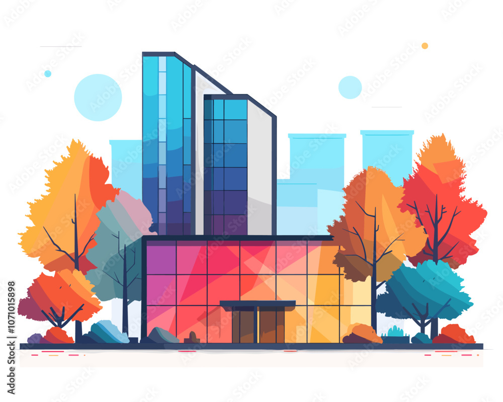 Poster colorful building with a large glass window and a tree in front of it. the building is surrounded by