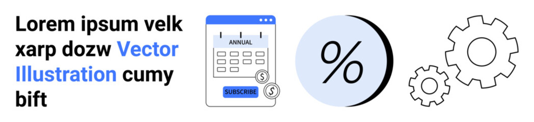 Financial planning illustration including a calendar marked annual, a percentage symbol, and two gears. Ideal for financial services, budgeting tools, investment planning, banking, fintech startups