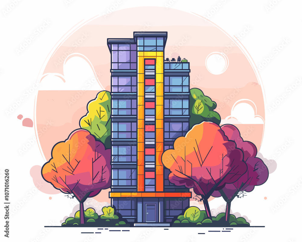 Poster tall building with a tree in front of it. the building is surrounded by trees and has a lot of windo