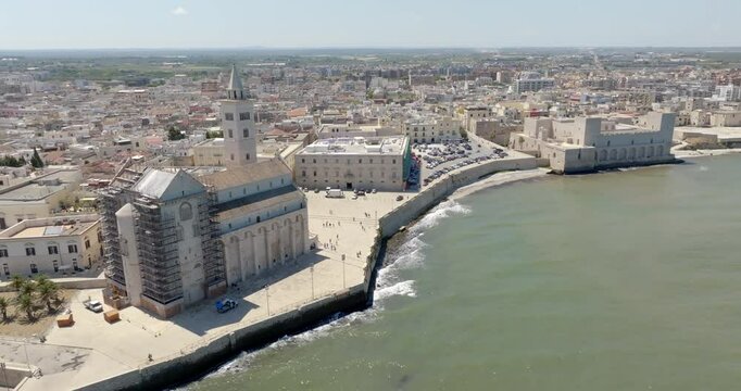 Aerial view of the Duomo of Trani, in Puglia, Italy. The cathedral basilica of Santa Maria Assunta, commonly known as San Nicola Pellegrino, is the main place of Catholic worship in the city.