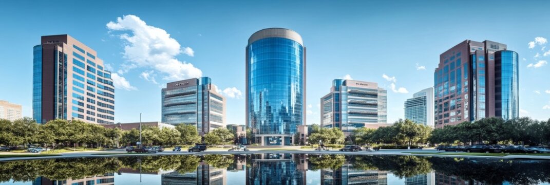 Modern Office Buildings Reflected in a Tranquil Pool on a Sunny Day, Las Colinas, Texas, USA