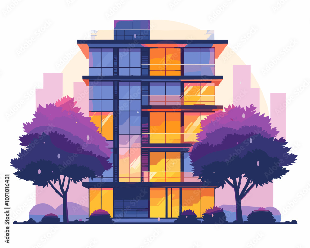 Poster tall building with a purple tree in front of it. the building has a lot of windows and is surrounded