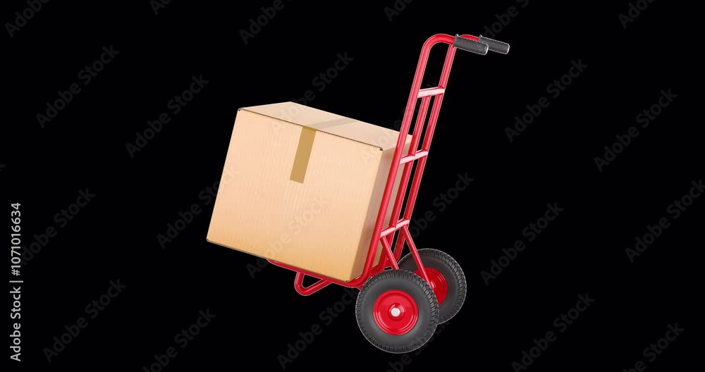 Poster hand truck with parcel, rotation animation, seamlessly loopable. 3d rendering isolated on transparen