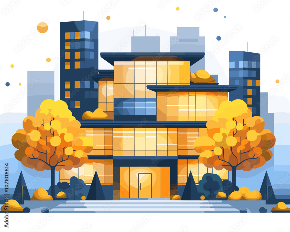 Poster large building with a yellow facade and a large tree in front of it. the building is surrounded by t