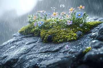 Obraz premium A close-up of colorful wildflowers blooming on a moss-covered rock, drenched in rain, creating a serene and refreshing atmosphere in nature.