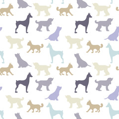 Vector seamless repeating childish pattern with cute dogs, cats in Scandinavian style. Animals background with dog, cat, pets, puppy for invitation, poster, card, flyer, textile, fabric