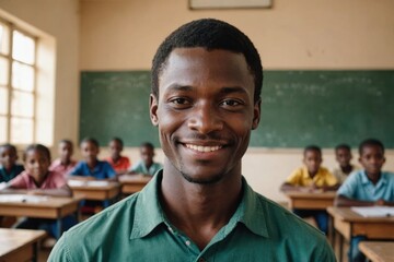 Fototapeta premium Close portrait of a smiling young Beninese male elegant primary school teacher standing and looking at the camera, indoors almost empty classroom blurred background