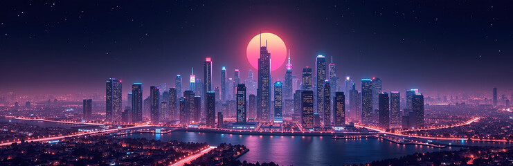 Futuristic panoramic city skyline at night with neon lights and skyscrapers under a dark sky