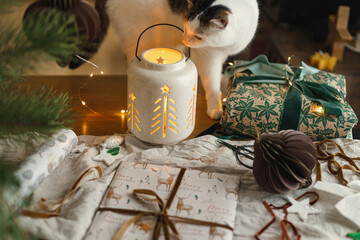 Adorable curious cat and glowing lantern on wooden table with tylish wrapped christmas gifts and modern paper ornaments with golden lights. Merry Christmas! Pet and atmospheric holiday time