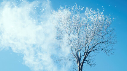 Wisps of smoke forming a bare winter tree, surrounded by faint, snow-like particles, creating an ethereal and mystical winter forest appearance