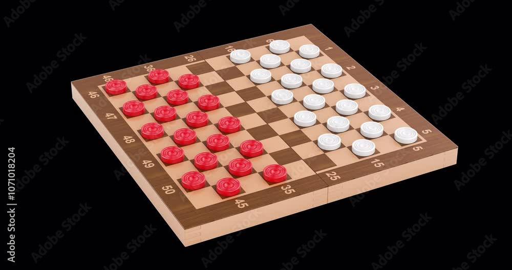 Poster international checkers game board with white and red pieces, rotation animation, seamlessly loopable