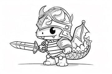A fierce cartoon dragon character, ready for battle, wearing a detailed armored suit and holding a sword, embodying courage and adventure.