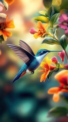 Fototapeta premium Hummingbird Amid Colorful Flowers 