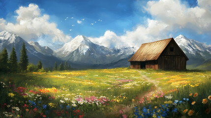 Fototapeta premium A rustic wooden cabin sits on a grassy meadow with wildflowers in front of a mountain range.