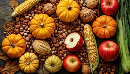 Flat arrangement with nuts, pumpkins, apples and corn - symbols of harvest and nature's fall gifts. Thanksgiving 