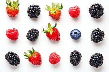 An isolated white background shows a group of fresh berries