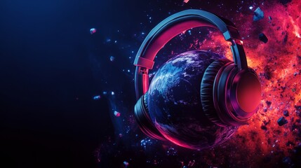 headphones on the earth with neon colored background. world radio day concept