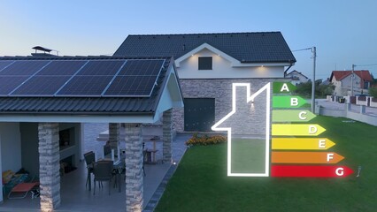 Energy Efficiency of a Modern House With Solar Panels. Sustainability concept with graphic