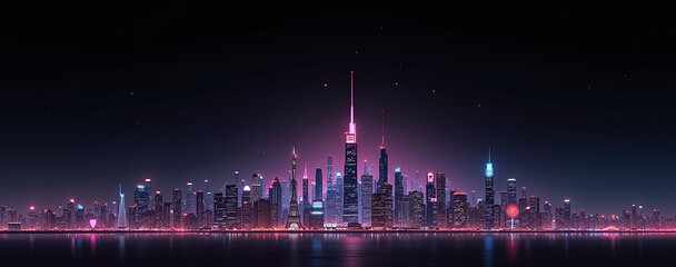 Futuristic panoramic city skyline at night with neon lights and skyscrapers under a dark sky