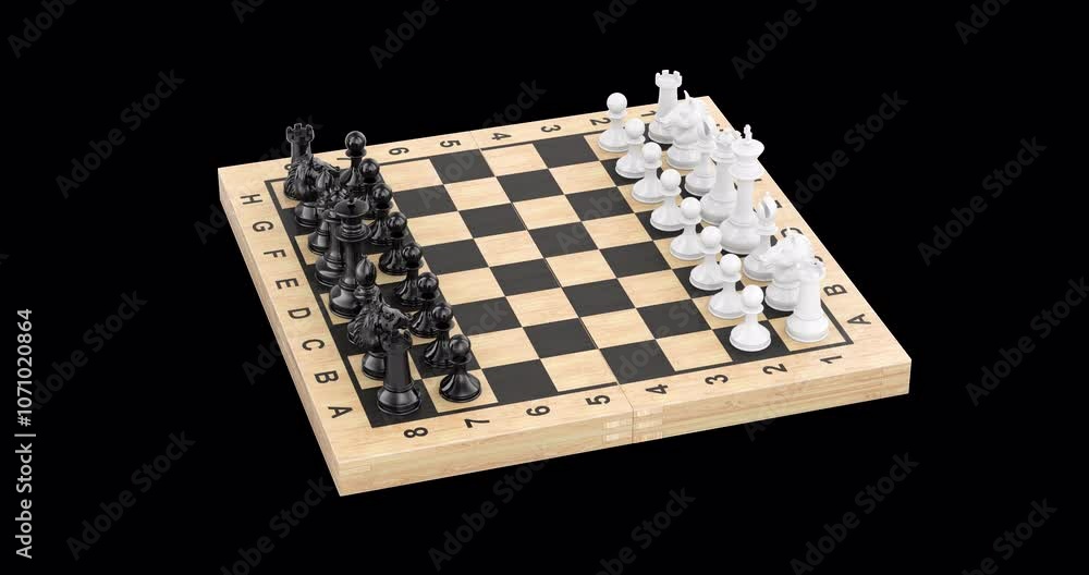 Poster chess board with figures, rotation animation, seamlessly loopable. 3d rendering isolated on transpar