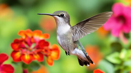Fototapeta premium Stunning Hummingbird in Flight Amid Colorful Garden Flowers Captured Up Close for Nature Enthusiasts and Birdwatching Lovers at Vibrant Botanical Setting