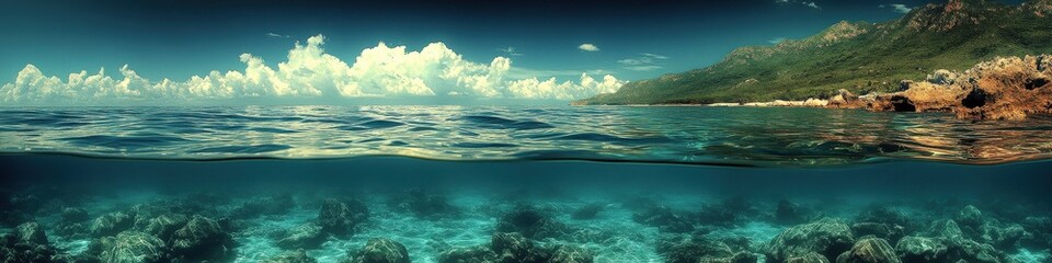 Obraz premium Panoramic Ocean View with Vibrant Coral Reef, Clear Blue Water, Majestic Mountains and Sky with Clouds, Capturing Natural Beauty and Serene Tropical Landscape