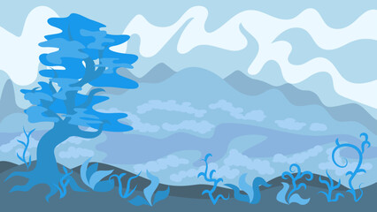 Nature, beautiful view of mountains and river in blue tones. Background for video, postcard, tourism advertising, motivation to walk in the winter air. Monochromatic color. Blue shade.