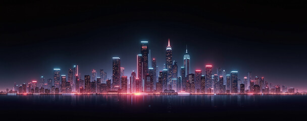 Futuristic panoramic city skyline at night with neon lights and skyscrapers under a dark sky