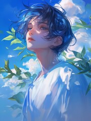 A dreamy anime-style boy with short hair and bangs, standing against a blue sky with white clouds. Soft lighting creates delicate shadows of leaves on his face