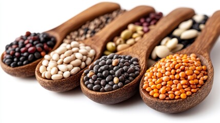 Naklejka premium Assortment of Legumes in Wooden Spoons