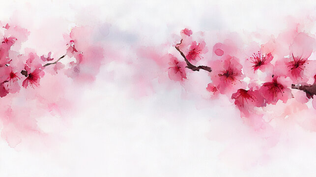   A watercolor portrayal of vibrant pink blossoms against a crisp white backdrop, featuring a diminutive avian perched on a flourishing tree limb