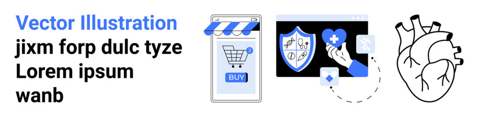 Shopping cart with a striped awning and BUY button, shield with a heart and hand, human heart sketch. Ideal for e-commerce, cybersecurity, healthcare, medical, anatomy education, wellness
