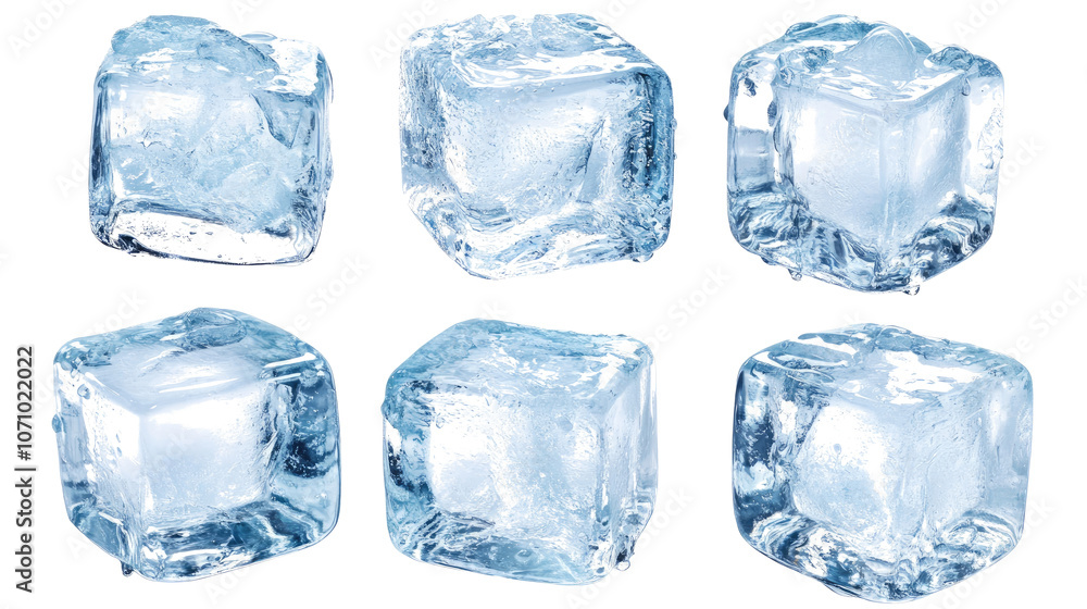 Poster fresh ice cubes isolated on a transparent background for drinks generative ai
