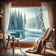 Cosy Cabin Interior with View of Frozen Lake and Snowy Forest