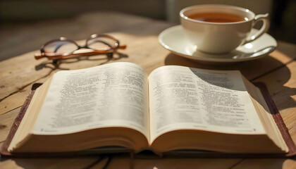 An open book next to a cup of tea, creating a cozy and inviting atmosphere, perfect for relaxation and reading