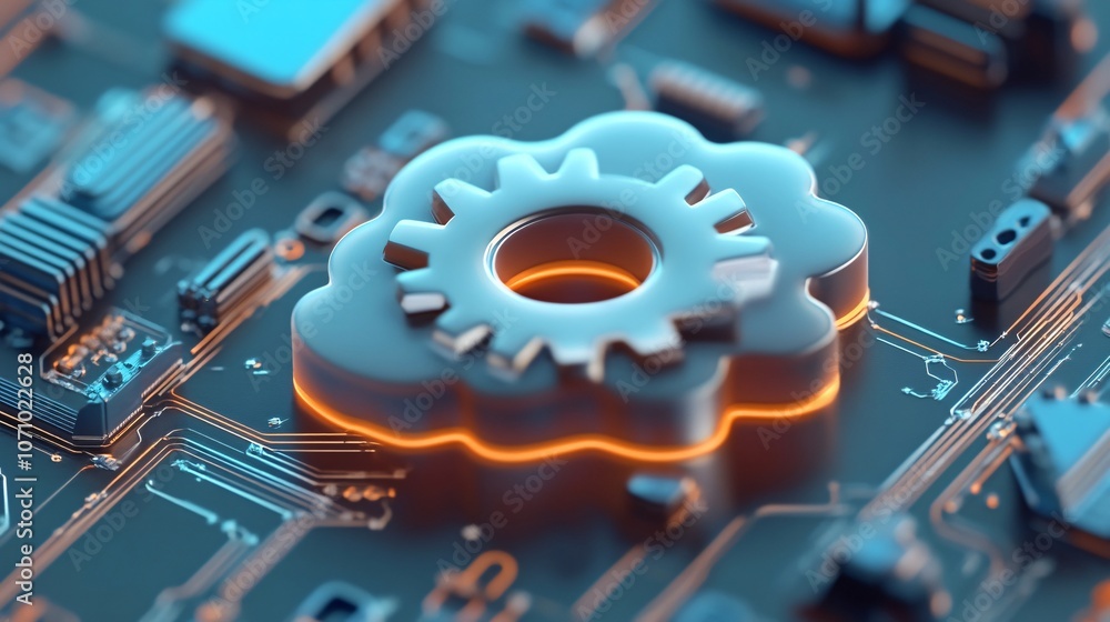 Poster a cloud with a gear and server icon, representing cloud-based application frameworks