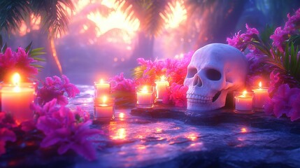 Enchanting Tropical Dawn Ritual with Candles, Skull, and Vibrant Pink Flowers Beside Tranquil Water in Mystical Jungle Setting at Sunrise