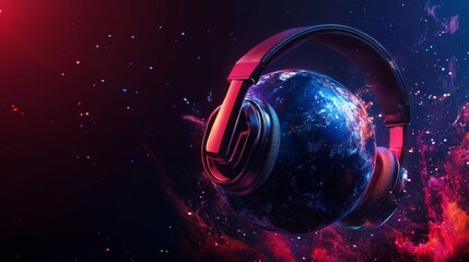headphones on the earth with neon colored background. world radio day concept
