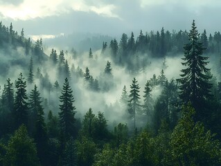 A serene landscape showcasing a foggy forest with lush evergreen trees. The tranquil scene captures the beauty of nature in muted green tones and soft mist.