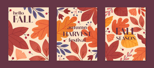 Autumn harvest festival posters with pumpkins,leaves,mushroom,berries,plants in fall colors.Vector harvest fest illustrations.Trendy fall templates for prints,ad,smm,banners,invitations,covers