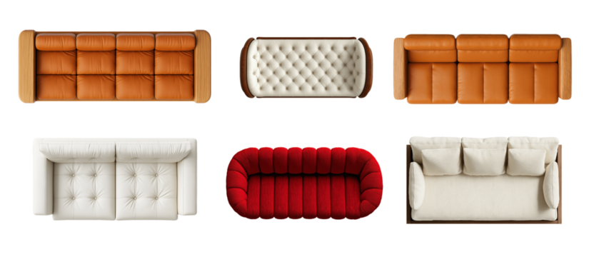 Set of sofas, top view, leather, interior design, furniture set, isolated on transparent background, png