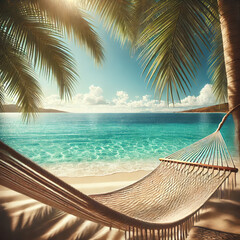 Tropical Beach View from Hammock with Clear Turquoise Waters