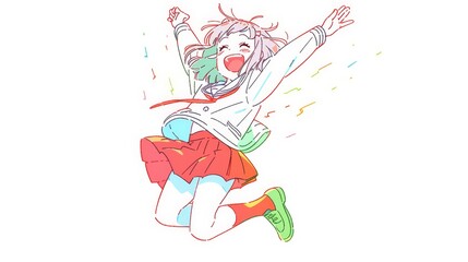 Fototapeta premium A cartoon girl jumping with joy in a clip art style, illustrated with simple lines and bright colors, set against a clean white background, expressing happiness and excitement.