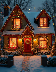 A house covered in snow, adorned with Christmas lights and decorations. It's surrounded by plants and trees, with a pathway leading up to it and a cloudy sky in the background.