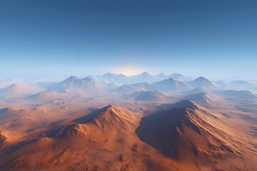 A breathtaking view of a vast alien landscape featuring rugged mountains and valleys bathed in soft sunlight. The colors range from warm oranges to serene blues, creating a tranquil mood.